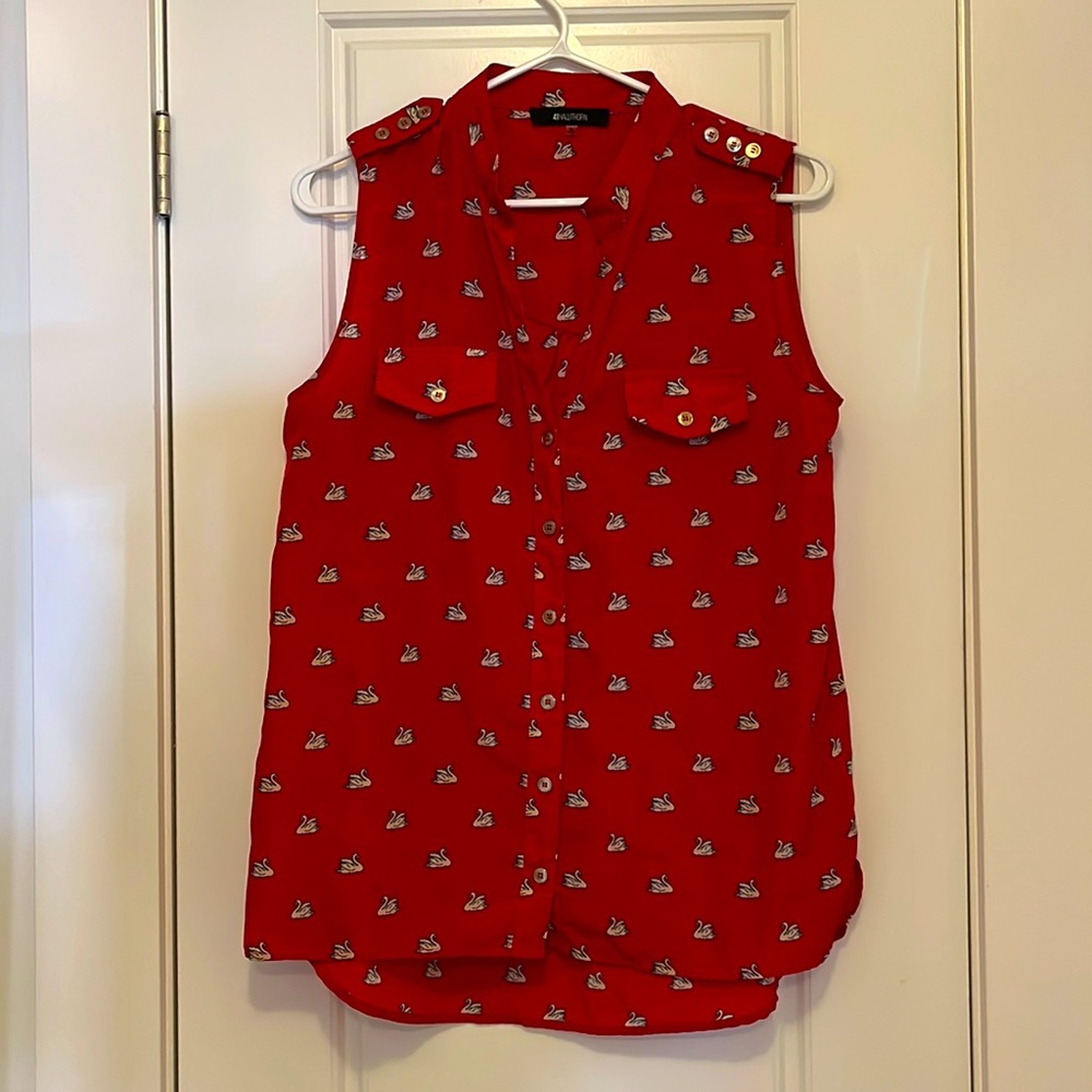 Cherry red top with swans! Who wouldn’t love it?